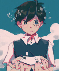 Rule 34 | 1boy, absurdres, aqua background, asuuree, black eyes, black hair, black sweater vest, blue sky, book, cloud, cloudy sky, collared shirt, computer, door, giant, highres, holding, laptop, looking at viewer, male focus, omori, one eye covered, outdoors, shirt, short sleeves, sky, sunny (omori), sweater vest, tissue box, white shirt