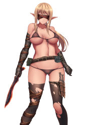 Rule 34 | 1girl, absurdres, akina t, asymmetrical gloves, belt, bikini, black bikini, black thighhighs, blindfold, blonde hair, breasts, brown belt, covered eyes, elbow gloves, elf, gloves, highres, holding, holding knife, knife, kukri, large breasts, long hair, navel, original, pointy ears, ponytail, sheath, sheathed, simple background, solo, standing, swimsuit, thigh strap, thighhighs, torn clothes, torn thighhighs, uneven gloves, white background