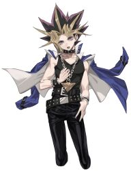 Rule 34 | 1boy, absurdres, belt, belt collar, black collar, black pants, black tank top, blue jacket, cbow, chain, chain necklace, collar, feet out of frame, highres, jacket, jewelry, looking at viewer, male focus, multicolored hair, necklace, open mouth, pants, purple eyes, simple background, solo, streaked hair, tank top, white background, yami yugi, yu-gi-oh!