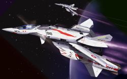 Rule 34 | aircraft, airplane, asterozoa, canopy (aircraft), fighter jet, flying, from side, highres, jet, macross, macross 2, mecha, military, military vehicle, robot, science fiction, solo focus, space, variable fighter, vehicle focus, vf-2ss