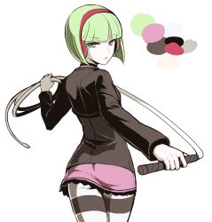 Rule 34 | 1girl, ass, choker, color guide, flat ass, from behind, green eyes, headphones, highres, holding, holding whip, light green hair, looking back, pantyhose, phonon (under night in-birth), pink skirt, short hair, shrug (clothing), skirt, slit pupils, solo, striped clothes, striped legwear, striped pantyhose, tb (spr1110), two-tone legwear, under night in-birth, under night in-birth exe:late[st], whip, wireless