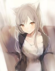 Rule 34 | 1girl, animal ears, blush, brown eyes, cardigan, cat, cat ears, closed mouth, couch, dress, eyebrows, grey hair, highres, jacket, light smile, long hair, lpip, navel, neck, on couch, open cardigan, open clothes, original, red eyes, sitting, smile, white dress