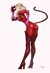 Rule 34 | 1girl, ass, blonde hair, blue eyes, bodysuit, boots, breasts, cat mask, cat tail, catsuit, cleavage cutout, clothing cutout, earrings, gloves, high heel boots, high heels, jewelry, looking back, mask, ozkh, persona, persona 5, pink gloves, red bodysuit, red thighhighs, simple background, solo, tail, takamaki anne, thigh boots, thighhighs, twintails, white background