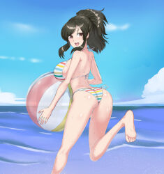 Rule 34 | 1girl, ass, asuka (senran kagura), ball, bare legs, barefoot, beach, beachball, bikini, black hair, blue sky, breasts, brown eyes, butt crack, check commentary, cloud, commentary, commentary request, feet, foot out of frame, highres, holding, holding ball, horizon, jeaike art, large breasts, legs, looking back, ocean, open mouth, ponytail, rainbow bikini, running, sea spray, senran kagura, senran kagura estival versus, senran kagura shinovi versus, shiny skin, sidelocks, sky, smile, soles, solo, striped bikini, striped clothes, sweat, swept bangs, swimsuit, toes, translucent, water, wet