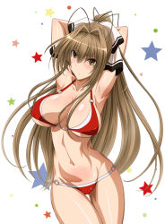 Rule 34 | 1girl, amagi brilliant park, antenna hair, armpits, arms behind head, arms up, bikini, blush, breasts, brown eyes, brown hair, cleavage, closed mouth, commentary request, expressionless, hair intakes, hair ornament, hair ribbon, large breasts, long hair, mutou keiji, navel, o-ring, o-ring bikini, red bikini, ribbon, sento isuzu, simple background, solo, standing, star (symbol), stomach, swimsuit, thigh gap, very long hair, white background