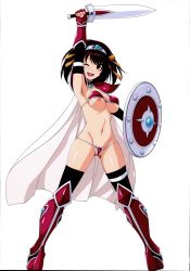 Rule 34 | 1girl, ;d, absurdres, arm up, armor, armored boots, bikini armor, blue theme, blush, boots, breasts, cape, cosplay, diadem, elbow gloves, elizabeth bathory (brave) (fate), elizabeth bathory (brave) (fate) (cosplay), elizabeth bathory (fate), emphasis lines, fate/grand order, fate (series), full body, gloves, gluteal fold, hair ribbon, haruhisky, highres, holding, holding shield, holding sword, holding weapon, looking at viewer, medium breasts, navel, nipple slip, nipples, non-web source, one eye closed, open mouth, pauldrons, ribbon, shield, short hair, shoulder armor, simple background, smile, solo, standing, stomach, suzumiya haruhi, suzumiya haruhi no yuuutsu, sword, thigh boots, thighhighs, thighhighs under boots, v-shaped eyebrows, weapon, white background