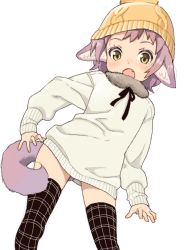 Rule 34 | 1girl, :o, animal ears, bad id, bad pixiv id, beanie, black thighhighs, blush, fang, hat, mattaku mousuke, open mouth, plaid, plaid legwear, purple hair, simple background, solo, sweater, tail, thighhighs, white background, yellow eyes
