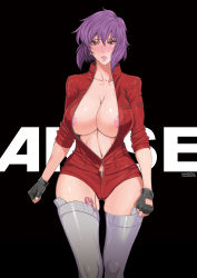 Rule 34 | 1girl, blush, breasts, cleavage, coat, curvy, fei (maidoll), fingerless gloves, ghost in the shell, ghost in the shell arise, gloves, grey thighhighs, highres, huge breasts, kusanagi motoko, lips, navel, open clothes, open coat, purple hair, red eyes, sex toy, short hair, sleeves pushed up, solo, sweat, thighhighs, unzipped, vibrator, vibrator in thighhighs, wide hips