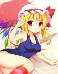 Rule 34 | 1girl, 3535carrot, bad id, bad pixiv id, bare shoulders, blonde hair, breasts, competition swimsuit, female focus, flandre scarlet, hat, kneehighs, looking at viewer, lying, on side, one-piece swimsuit, pillow, red eyes, school swimsuit, short hair, side ponytail, socks, solo, striped clothes, striped socks, swimsuit, touhou, uguisu mochi (ykss35), wings