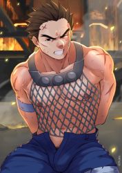 Rule 34 | 1boy, abs, arms behind head, bara, bare pectorals, bulge, cowboy shot, cross scar, dirty, dirty face, fishnet top, fishnets, forked eyebrows, highres, ichimonji batsu, justice gakuen, looking at viewer, male focus, male pubic hair, muscular, muscular male, navel, nipples, no male underwear, pectorals, pubic hair, pubic hair peek, scar, scar on arm, short hair, sideburns, sitting, solo, stomach, thick eyebrows, thick thighs, thighs, zink (zink mchn)