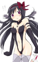 Rule 34 | !?, 10s, 1girl, adapted costume, akemi homura, akuma homura, argyle, argyle clothes, argyle legwear, bare back, bare shoulders, black gloves, black hair, blood, blush, bow, choker, elbow gloves, embarrassed, excessive nosebleed, feathered wings, gloves, hair bow, kyubey, long hair, looking at viewer, mahou shoujo madoka magica, mahou shoujo madoka magica: hangyaku no monogatari, navel, nosebleed, purple eyes, revealing clothes, simple background, spoilers, surprised, tatsuyoshi (zawahomura), thighhighs, thighs, white background, wings