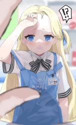 Rule 34 | !?, 1girl, @ @, apron, arm up, black ribbon, blonde hair, blue apron, blue archive, blue eyes, blurry, blush, collared shirt, depth of field, forehead, hand on own head, highres, indoors, long hair, looking at viewer, mussyu m, name tag, neck ribbon, parted lips, pov, ribbon, shirt, short eyebrows, short sleeves, sora (blue archive), strap slip, striped ribbon, sweat, two side up, upper body, very long hair, white shirt