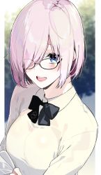 Rule 34 | 1girl, :d, alternate costume, backlighting, bad id, bad pixiv id, bespectacled, black-framed eyewear, black bow, black bowtie, blue eyes, blurry, blurry background, blush, bow, bowtie, breasts, bush, casual, cloface, collared shirt, commentary request, day, fate (series), glasses, hair over one eye, highres, kayahara, long sleeves, looking at viewer, mash kyrielight, medium breasts, open mouth, outdoors, pillarboxed, pink hair, round teeth, shirt, short hair, smile, solo, sunlight, teeth, tsurime, upper body, white shirt, wing collar