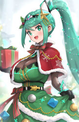 Rule 34 | 1girl, bodysuit, breasts, capelet, christmas ornaments, circlet, cleavage, dress, earrings, gift, gonzarez, green dress, green eyes, green hair, hair ornament, high ponytail, highres, holding, holding gift, jewelry, large breasts, long hair, looking at viewer, mistletoe, pneuma (xenoblade), ponytail, red capelet, smile, solo, star (symbol), star hair ornament, watermark, xenoblade chronicles (series), xenoblade chronicles 2
