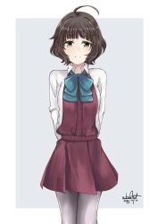 Rule 34 | 1girl, absurdres, ahoge, blue neckwear, blunt bangs, brown eyes, brown hair, commentary, cowboy shot, dated, dress, grey pantyhose, highres, kantai collection, kishinami (kancolle), long sleeves, looking at viewer, nakura haru, pantyhose, pleated dress, purple dress, purple pantyhose, school uniform, seamed legwear, shirt, short hair, side-seamed legwear, signature, simple background, smile, solo, wavy hair, white shirt
