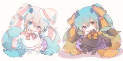 Rule 34 | 2girls, aqua eyes, aqua hair, black dress, black sleeves, blush stickers, chibi, commentary, detached sleeves, dress, dual persona, frilled dress, frills, full body, fuyuzuki gato, gradient hair, hair ornament, hair ribbon, halloween, halloween costume, hat, hatsune miku, heterochromia, long hair, looking at viewer, multicolored hair, multiple girls, orange eyes, pink eyes, purple eyes, ribbon, sleeveless, sleeveless dress, sleeves past fingers, sleeves past wrists, smile, standing, striped ribbon, symmetry, twintails, very long hair, vocaloid, white dress, white headwear, white sleeves, witch hat