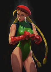 Rule 34 | 1girl, antenna hair, aura, backpack, bag, beret, black background, blue eyes, bracer, braid, breasts, cammy white, capcom, commentary, cowboy shot, cracking knuckles, english commentary, fingerless gloves, gloves, green leotard, hat, highleg, highleg leotard, highres, leotard, lips, long hair, looking at viewer, medium breasts, nikita volobuev, nose, realistic, red gloves, revision, solo, street fighter, street fighter v, toned, twin braids, very long hair