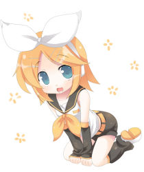 Rule 34 | 1girl, :d, arm warmers, belt, between legs, black shorts, blonde hair, blue eyes, blush, bow, full body, hair bow, hair ornament, hairclip, hand between legs, headphones, kagamine rin, kneeling, leg warmers, looking at viewer, omiso, omiso (omiso), open mouth, ribbon, sailor collar, short hair, shorts, sleeveless, smile, solo, swept bangs, vocaloid, white background, white bow, yellow ribbon