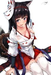Rule 34 | 1girl, absurdres, animal ears, arm support, arm warmers, bell, black hair, blush, breasts, cleavage, collarbone, fang, fox ears, fox mask, fox tail, hakama, hakama short skirt, hakama skirt, heavy breathing, highres, japanese clothes, jingle bell, long hair, maki (maki pei), mask, miko, original, purple eyes, ribbon-trimmed legwear, ribbon-trimmed sleeves, ribbon trim, see-through, simple background, sitting, skirt, smile, smoking pipe, solo, sweat, tail, thighhighs, white thighhighs