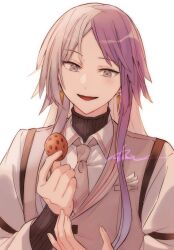 Rule 34 | 1boy, absurdres, bungou stray dogs, collared shirt, cookie, earrings, food, highres, jewelry, long sleeves, looking at another, multicolored hair, necktie, open mouth, pocket, purple hair, r1kuuw, shirt, sigma (bungou stray dogs), solo, split-color hair, upper body, vest, white hair, white shirt
