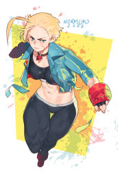 Rule 34 | 1girl, abs, absurdres, ahoge, artist name, blonde hair, blue jacket, cammy white, capcom, choker, crop top, cropped jacket, dated, fingerless gloves, gloves, highres, jacket, navel, norasuko, pants, scar, scar on face, serious, short hair, signature, solo, stomach, street fighter, street fighter 6, thigh gap, tight clothes, tight pants, toned