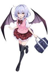 Rule 34 | 1girl, alternate costume, bag, bat wings, black footwear, black thighhighs, blue hair, blush, bow, bowtie, commentary request, frilled skirt, frills, highres, holding, holding bag, hyurasan, open mouth, pink sweater, plaid, plaid bow, plaid skirt, red bow, red eyes, red skirt, remilia scarlet, school bag, school uniform, shirt, short hair, short sleeves, simple background, skirt, solo, standing, standing on one leg, sweater, sweater vest, teeth, thighhighs, touhou, upper teeth only, white background, white shirt, wings, zettai ryouiki