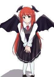 Rule 34 | 1girl, absurdres, black footwear, black skirt, black vest, black wings, blush, closed mouth, collared shirt, frilled skirt, frills, full body, head wings, highres, koakuma, leaning forward, light smile, long hair, long sleeves, looking at viewer, necktie, one-hour drawing challenge, pantyhose, pleated skirt, red hair, red necktie, refuson man, shadow, shirt, shoes, simple background, sketch, skirt, solo, split mouth, standing, touhou, unfinished, v arms, very long hair, vest, white background, white pantyhose, white shirt, wings, yellow eyes