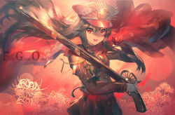 Rule 34 | 1girl, belt, black hair, cape, copyright name, crest, family crest, fate/grand order, fate (series), flower, gradient background, hair between eyes, hair over shoulder, hat, koha-ace, long hair, looking at viewer, military, military uniform, oda nobunaga, oda nobunaga (fate), oda nobunaga (koha-ace), open mouth, peaked cap, red background, red eyes, sidelocks, solo, spider lily, uniform, upper body, weapon, yoshimoto (dear life)