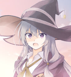 Rule 34 | 1girl, black hat, bow, bowtie, braid, collared shirt, elaina (majo no tabitabi), grey hair, hat, highres, large hat, long hair, looking at viewer, majo no tabitabi, natsushi, open clothes, open mouth, open robe, outdoors, partially shaded face, purple eyes, red bow, robe, shirt, solo, white shirt, witch hat, yellow bow, yellow bowtie