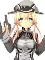 Rule 34 | 10s, 1girl, blonde hair, blue eyes, blush, hair ornament, hat, highres, holding, kantai collection, long hair, long sleeves, looking at viewer, military, military uniform, peaked cap, prinz eugen (kancolle), simple background, smile, solo, taut clothes, twintails, uniform, white background, yoshizawa tsubaki