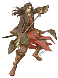 Rule 34 | 1boy, black hair, dated, dc9spot, dunban (xenoblade), facial hair, fire emblem, full body, highres, holding, holding sword, holding weapon, katana, left-handed, long coat, long hair, long sleeves, male focus, nintendo, signature, simple background, solo, sword, weapon, white background, wide sleeves, xenoblade chronicles (series), xenoblade chronicles 1, xenoblade chronicles (series)