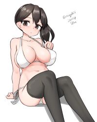Rule 34 | 1girl, absurdres, bikini, black hair, black thighhighs, breasts, brown eyes, collarbone, dated, feet out of frame, highres, kaga (kancolle), kantai collection, large breasts, long hair, looking at viewer, maru (marg0613), navel, one-hour drawing challenge, side-tie bikini bottom, side ponytail, simple background, solo, swimsuit, thighhighs, twitter username, white background, white bikini