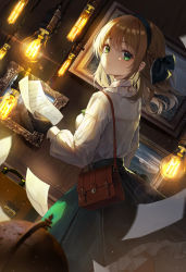 Rule 34 | 1girl, absurdres, bag, black gloves, blonde hair, closed mouth, commentary, dress, gloves, green eyes, green skirt, hair ornament, hairband, handbag, highres, holding, holding page, indoors, light bulb, long sleeves, looking at viewer, looking to the side, medium hair, mrr 05, original, page (page1555), painting (object), paper, ribbon, shirt, sidelocks, skirt, solo, suitcase, symbol-only commentary, white shirt