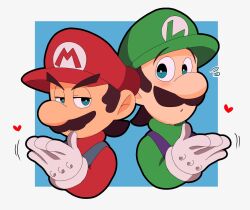 Rule 34 | 2boys, artist request, blue eyes, brothers, brown hair, facial hair, gloves, hat, heart, looking at another, luigi, mario, mario (series), multiple boys, mustache, nintendo, overalls, siblings, source request, spoken heart, upper body