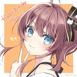 Rule 34 | 1girl, ahoge, blue eyes, bow, brown hair, commentary request, dated, hair bow, happy birthday, highres, hololive, kabi akaru, looking at viewer, natsuiro matsuri, natsuiro matsuri (1st costume), orange background, portrait, side ponytail, smile, solo, two-tone background, v, virtual youtuber, white background