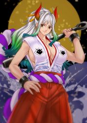 Rule 34 | &gt;:), 1girl, ahoge, aqua hair, bare arms, breasts, cleavage, closed mouth, club, club (weapon), collarbone, cuffs, curled horns, earrings, fingernails, full moon, green hair, grey hair, hair ornament, hair stick, hakama, hand on own hip, hand up, high ponytail, highres, holding, holding weapon, horns, huge breasts, japanese clothes, jewelry, kanabou, kimono, long hair, looking at viewer, moon, multicolored hair, multicolored horns, one piece, oni, over shoulder, petals, red hakama, red horns, rope, shackles, shimenawa, sideboob, sk (sk-g), sleeveless, sleeveless kimono, smile, solo, v-shaped eyebrows, very long hair, weapon, weapon over shoulder, yamato (one piece), yellow eyes, yellow horns