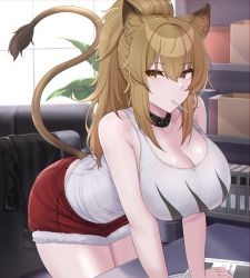 Rule 34 | 1girl, absurdres, animal ears, arknights, arm support, bare arms, bare shoulders, black choker, breasts, brown eyes, brown hair, choker, cleavage, collarbone, commentary, cowboy shot, highres, huge breasts, indoors, kanta (kanta 077), leaning forward, lion ears, lion tail, long hair, looking at viewer, mouth hold, plant, ponytail, red shorts, short shorts, shorts, siege (arknights), solo, standing, tail, tank top, thighs, white tank top, window
