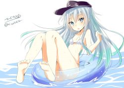 Rule 34 | 1girl, bikini, blue eyes, blush, breasts, grey background, hair between eyes, hat, hibiki (kancolle), highres, hizaka, innertube, kantai collection, lifebuoy, long hair, looking at viewer, one-hour drawing challenge, open mouth, peaked cap, side-tie bikini bottom, silver hair, simple background, small breasts, solo, swim ring, swimsuit, water, white background, white bikini