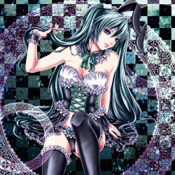 Rule 34 | 1girl, achikoako, adjusting hair, animal ears, aqua eyes, aqua hair, arm support, bad id, bad pixiv id, bow, bowtie, breasts, checkered background, cleavage, collar, corset, frills, hatsune miku, lace, large breasts, lips, long hair, rabbit ears, sitting, solo, thighhighs, very long hair, vocaloid, wristband