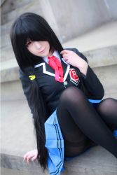 Rule 34 | 1girl, artist request, asian, black hair, black pantyhose, blazer, blue skirt, blurry, color contacts, cosplay, date a live, depth of field, hair over one eye, jacket, long hair, looking at viewer, on floor, pantyhose, photo (medium), pleated skirt, red eyes, school uniform, sitting, skirt, solo, stairs, thighband pantyhose, tokisaki kurumi, tokisaki kurumi (cosplay), twintails