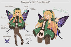 Rule 34 | 1girl, absurdres, alternate costume, aura (aurapls), black footwear, black pantyhose, blonde hair, butterfly wings, character name, commentary, cropped legs, detached sleeves, english commentary, english text, fairy, green hairband, grey background, hairband, highres, holding, holding microphone, holding tray, insect wings, long hair, lyrics, maid headdress, microphone, multiple views, nijisanji, nijisanji en, one eye closed, open hand, pantyhose, pointy ears, pomu rainpuff, pomudachi (pomu rainpuff), red eyes, smile, tray, virtual youtuber, wings, wotagei