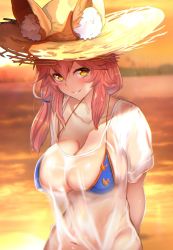 Rule 34 | 1girl, animal ear fluff, animal ears, arms behind back, beach, bikini, bikini under clothes, blue bikini, blush, breasts, cleavage, collarbone, ears through headwear, fate/grand order, fate (series), fox ears, fox tail, hat, highres, large breasts, long hair, looking at viewer, navel, orange sky, outdoors, parted lips, pink hair, side-tie bikini bottom, sidelocks, skindentation, sky, smile, solo, straw hat, sun hat, sunset, swimsuit, tail, tamamo (fate), tamamo no mae (fate/extra), tamamo no mae (swimsuit lancer) (fate), tamamo no mae (swimsuit lancer) (second ascension) (fate), untue, wet, wet clothes, yellow eyes