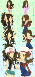 Rule 34 | &gt; &lt;, 00s, 10s, 2girls, adjusting hair, baseball cap, blue eyes, brown eyes, brown hair, brushing hair, brushing teeth, cabbie hat, closed eyes, creatures (company), denim, denim shorts, game freak, hair down, hairdressing, hat, heart, highres, hilda (pokemon), how to, lyra (pokemon), messy hair, midriff, multiple girls, nintendo, one eye closed, overalls, pajamas, pokemon, pokemon bw, pokemon hgss, ponytail, shorts, striped clothes, striped shorts, suzumiyu, tank top, thighhighs, toothbrush, twintails, vest, wink