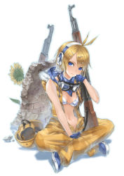 Rule 34 | 1girl, bikini, bikini top only, blonde hair, blue eyes, breasts, cleavage, gloves, goggles, goggles around neck, gun, kagamine rin, nidy, open clothes, open shirt, rifle, shirt, sitting, solo, swimsuit, vocaloid, weapon