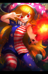 Rule 34 | 1girl, absurdres, american flag legwear, american flag print, american flag shirt, blonde hair, blush, clownpiece, cowboy shot, grin, hair between eyes, hand up, hat, highres, holding, holding torch, jester cap, letterboxed, long hair, looking at viewer, niwarhythm, pantyhose, print shirt, red eyes, sanpaku, smile, solo, torch, touhou, very long hair, w over eye