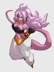 Rule 34 | 1girl, android 21, bare shoulders, blue eyes, breasts, cleavage, crop top, dragon ball, dragon ball fighterz, flying, full body, glasses, grey background, hair between eyes, hand on own hip, kemachiku, long hair, majin android 21, midriff, navel, pink hair, simple background, solo