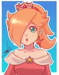 Rule 34 | 1girl, bare shoulders, blonde hair, blue background, blue eyes, blush, brooch, crown, dress, earrings, fire rosalina, hair over one eye, highres, jewelry, looking at viewer, mario (series), nintendo, nonoworks, off-shoulder dress, off shoulder, open mouth, outline, ponytail, red dress, rosalina, signature, solo, star (symbol), star earrings, super mario 3d world, upper body, white outline