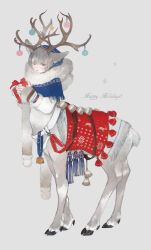 Rule 34 | 1other, animal ears, antler ornament, antlers, bell, blue eyes, box, centauroid, coat, colored eyelashes, cowbell, deer antlers, deer ears, deer tail, full body, fur-trimmed coat, fur collar, fur trim, gift, gift box, grey background, grey coat, grey fur, grey hair, grey scarf, hands up, holding, holding gift, horns, looking at viewer, nekosuke (oxo), original, scarf, short hair, simple background, solo, standing, tail, taur, white coat