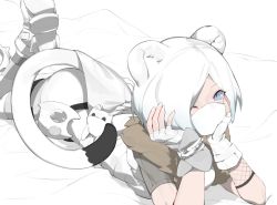 Rule 34 | 1girl, absurdres, animal ears, arknights, bed sheet, blue eyes, breasts, ermine, feet up, fingerless gloves, fui (fui29493452), gloves, hands on own cheeks, hands on own face, highres, looking at viewer, lying, mask, unworn mask, medium breasts, mouth mask, nail polish, official alternate costume, on bed, on stomach, one eye closed, shirayuki (arknights), shirayuki (wind of breaking blade) (arknights), short hair, short sleeves, silver hair, solo, weasel, stoat girl, tail, towel, weasel, weasel ears, weasel tail, white gloves, white nails, white towel