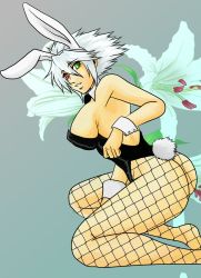 Rule 34 | 1girl, alpha-01, animal ears, arc system works, ass, bare shoulders, blazblue, bow, bowtie, breasts, cleavage, detached collar, fake animal ears, fishnet pantyhose, fishnets, flower, genderswap, genderswap (mtf), green eyes, heterochromia, highres, kneeling, large breasts, lily (flower), no shoes, ooji (bakushi naka), pantyhose, playboy bunny, rabbit ears, rabbit tail, ragna the bloodedge, red eyes, short hair, sideboob, silver hair, solo, tail, wrist cuffs